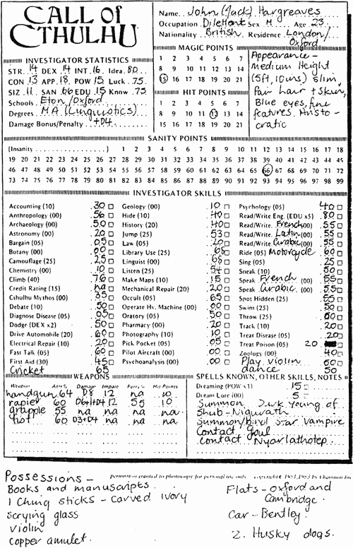 Call of Cthulhu Character Sheet: Jack Hargreaves